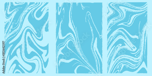 Abstract blue winter background with a seamless floral wave pattern and decorative snowflake illustration. Set of abstract backgrounds. Ink marbling textures. Black and white. Hand drawn marble, tiles