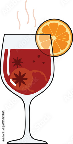 A steaming glass of red mulled wine garnished with an orange slice and star anise.