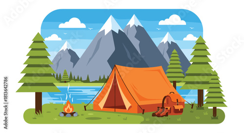 Vibrant camping scene featuring a tent, campfire, and scenic mountain views perfect for outdoor adventures