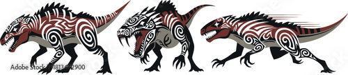 Three Fearsome Creatures with Tribal Markings and Sharp Teeth.
