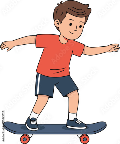 Boy skateboarding down the street on a sunny afternoon, enjoying the fresh air and showing off his skills with a big smile, creating a joyful and energetic scene.