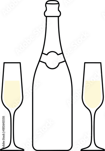 Champagne bottle and two flutes line art illustration Vector, illustration