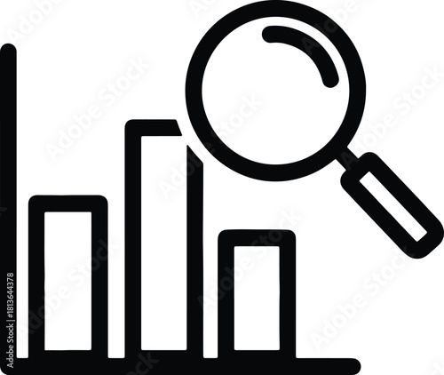 Bar chart with magnifying glass icon for data analysis graph search isolated on a white background.