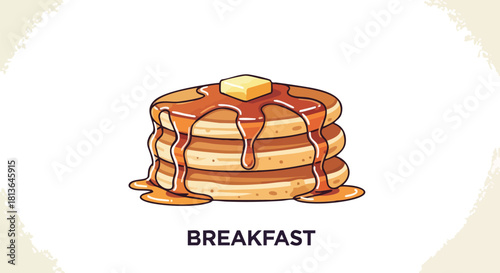 A stack of golden pancakes with syrup and a pat of butter, a delicious breakfast.