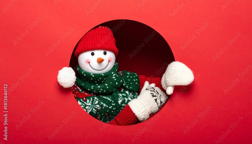 Fototapeta premium Festive snowman peeking through red cutout