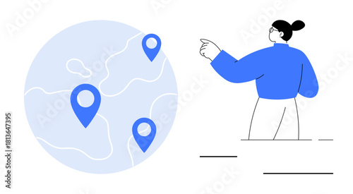 Woman pointing at global map with location pins highlighting places. Ideal for navigation, strategy, travel, business expansion, logistics, connection, exploration. Flat and simple metaphor