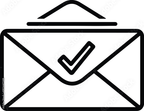 Black outline icon of an envelope with a check mark mail letter isolated on a white background.