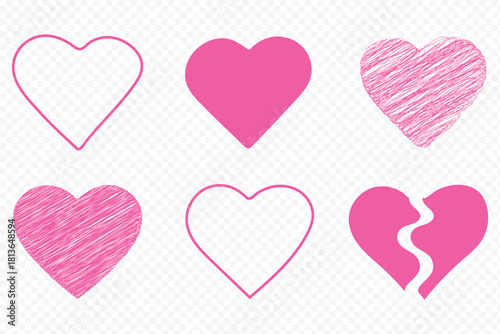 Doodle hearts sketch set. Various different hand drawn heart icon. love collection Red heart symbol for Valentines Day. Set of hand drawn love heart valentines doodle sketch vectors Grunge Hearts 