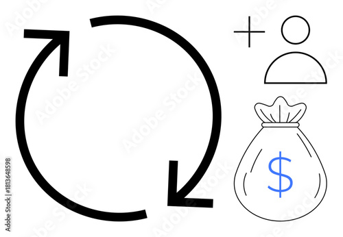 Circular arrows, person, and money bag representing growth, turnover, cycle, saving, finance, strategy teamwork. Ideal for finance profit process flow investment management loop simple flat