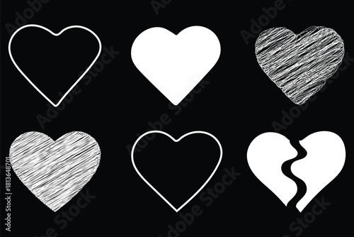 Doodle hearts sketch set. Various different hand drawn heart icon. love collection Red heart symbol for Valentines Day. Set of hand drawn love heart valentines doodle sketch vectors Grunge Hearts 