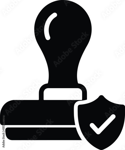 Black rubber stamp with checkmark shield icon seal approval isolated on a white background.