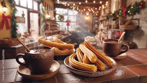 Cozy Spanish Holiday Scene: Churros, Hot Chocolate, and a Festive Kitchen Setting.
