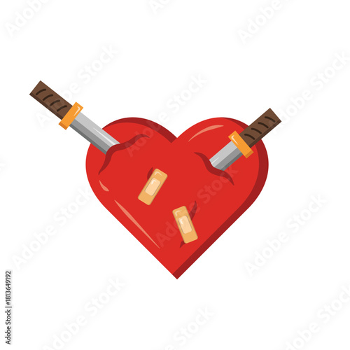 Heart Struck by Two Daggers with Bandages Vector. Broken Love and Betrayal Concept Illustration. Emotional Pain and Infidelity Clipart.