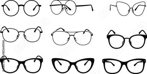 Eyeglass frame silhouette icons, round, aviator, cat-eye, fashion styles, optical design, flat vector, cad drawing flat vector illustration