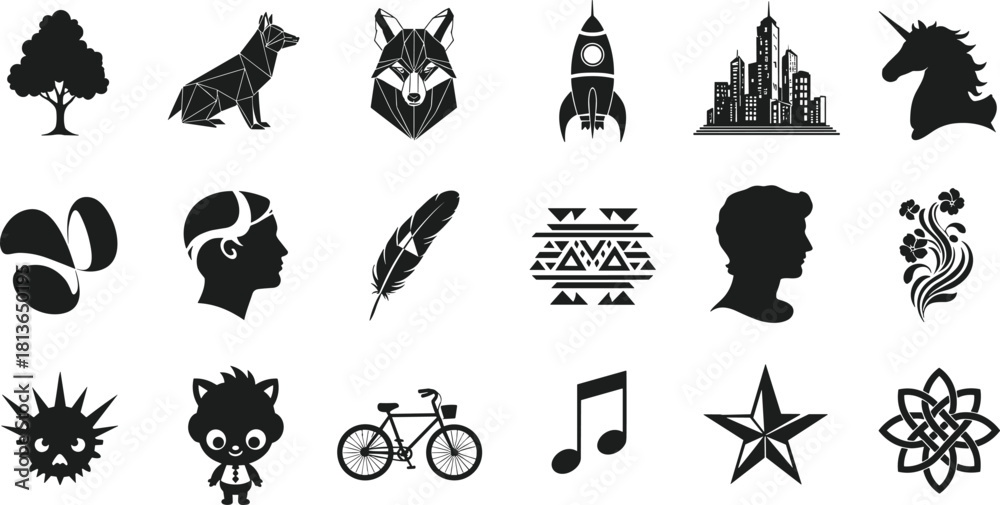 Naklejka premium Mixed silhouette icons, tree, wolf, rocket, skyline, unicorn, feather, tribal, cat, atomic, flat vector, cad drawing flat vector illustration