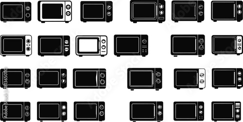 Microwave silhouette icons, digital, analog, button, knob, kitchen appliance styles, flat vector, cad drawing flat vector illustration