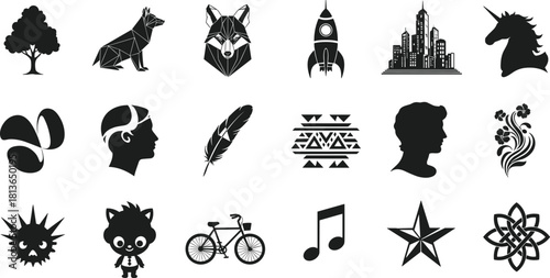 Mixed silhouette icons, tree, wolf, rocket, skyline, unicorn, feather, tribal, cat, atomic, flat vector, cad drawing flat vector illustration