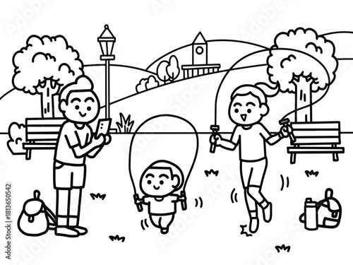 Family jumping rope together in a public park.