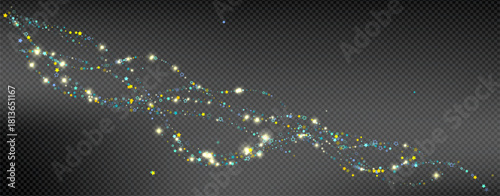 Cyan, Gold, Blue Stars Confetti. Shimmering Shiny particles. Scattered little sparkling, glitter light points.