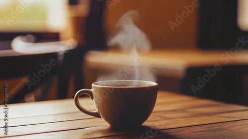 温かい湯気が立ち上るコーヒーと木のテーブル：ループ