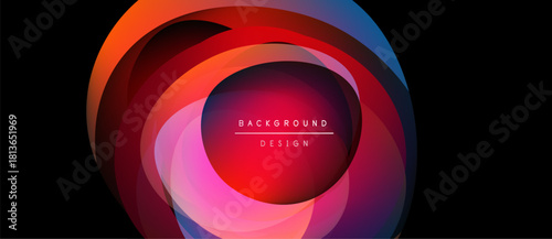 Abstract colorful layers create circular design. Vibrant hues blend, forming dynamic background. Text reads background design.