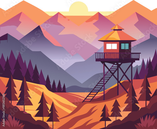 Flat Style Beautiful Sunset Landscape, Natural Parkland Illustration, with Wooden View Point Building, Fire Lookout Tower. stock illustration