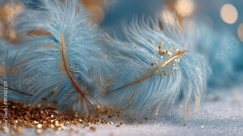 beautiful christmas decorations with ostrich feathers pastel blue and gold festive background