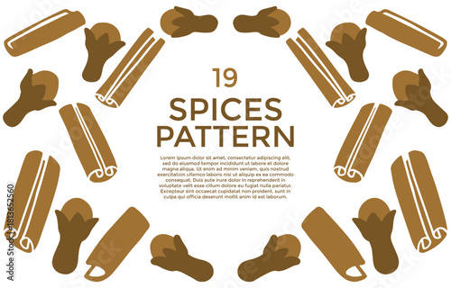 A pattern of cinnamon sticks and cloves arranged in a circular design on a white background with text in the center.