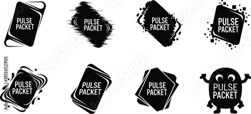 Pulse Packet label designs, abstract frames, pixel borders, cartoon character, branding elements, flat vector, cad drawing flat vector illustration