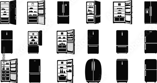 Refrigerator silhouette icons, single, double, French door, open view, appliance styles, flat vector, cad drawing flat vector illustration