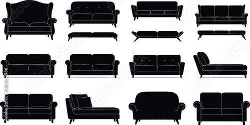 Sofa silhouette icons, couch, loveseat, chaise lounge, furniture styles, interior design, flat vector, cad drawing flat vector illustration