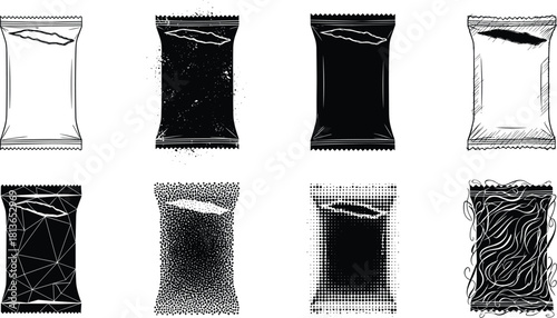 Snack bag silhouette icons, textured packaging styles, graphic design variations, branding elements, flat vector, cad drawing flat vector illustration