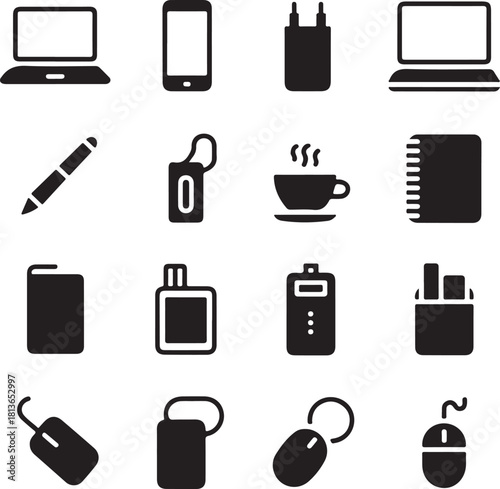 Black Vector Icons Open Laptop Phone Charger Pen Cup Notebook Power Bank Keychain Mouse