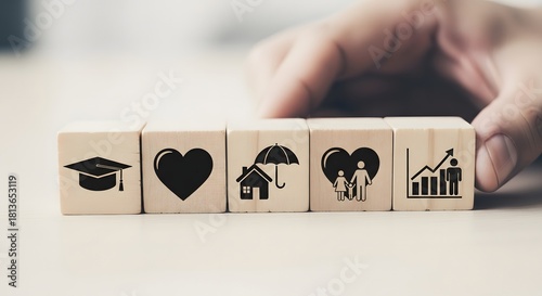 Wooden blocks displaying life goals education love home family and career