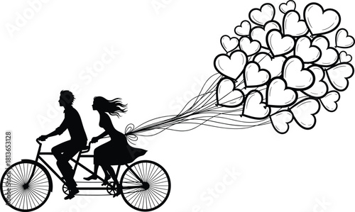 Romantic couple silhouette riding tandem bicycle with heart balloons, love concept vector illustration for Valentine's day card or wedding invitation, isolated on white background