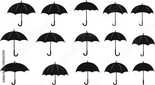 PrintUmbrella silhouette icons, curved handle, canopy styles, fashion accessory, rain gear, flat vector, cad drawing flat vector illustration