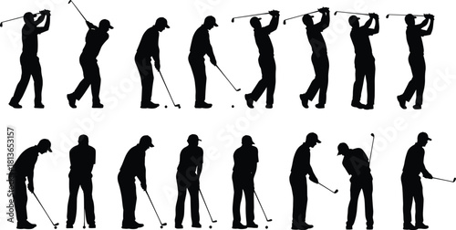 Set of golf player silhouettes, man playing golf in different poses, black vector illustration isolated on white background, sport activity concept