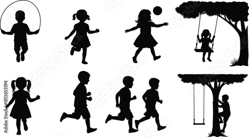 Set of playing children silhouettes, boys and girls running, jumping rope, swinging, climbing tree, isolated on white background, active kids vector illustration