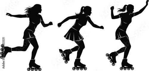 Silhouette set of a young woman roller skating, isolated on white, black vector illustration showing active girl in different inline skating poses, sport activity