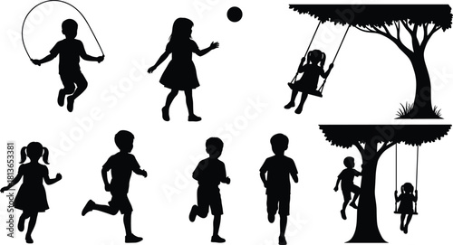 Silhouettes of happy children playing, running boys, girl swinging, climbing tree, jumping rope, black vector illustration set isolated on white background