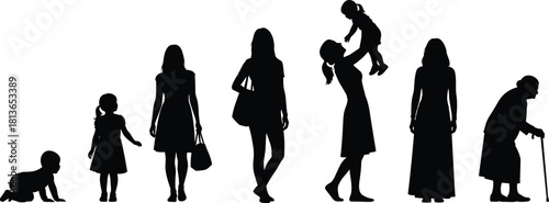 Woman life cycle silhouettes from baby to old age, female generation aging process stages, human growth development concept, black vector illustration isolated on white