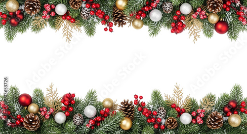 Festive christmas garland border decoration with evergreen branch, pinecone, red berry, and ornament isolated on transparent background for holiday design