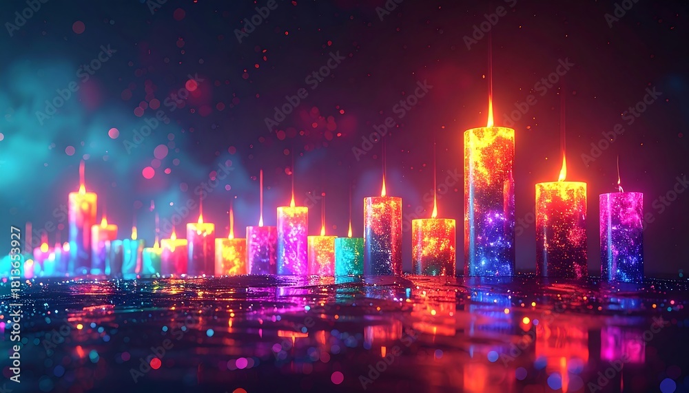 Fototapeta premium Abstract, colorful, glowing, candle-like structures on a reflective surface with light bokeh in the background