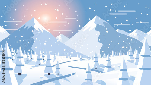 Winter landscape with snow-covered mountains, trees, and a path, creating a serene and picturesque scene.