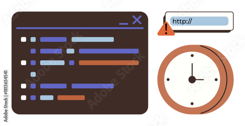 Coding interface, clock, browser address bar with warning icon highlight time management, urgency, and coding alerts. Ideal for technology, deadlines, cybersecurity, productivity development error