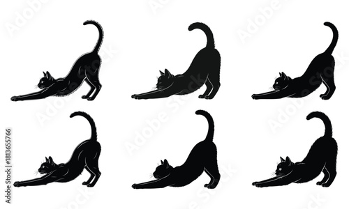Black cat silhouette stretching vector illustration set pattern