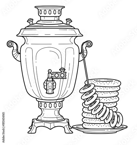 Traditional samovar with intricate details, accompanied by a stack of round pastries, showcasing cultural heritage and inviting warmth in a cozy setting for coloring pages