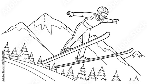 Skiing athlete in mid-air over snowy mountains, surrounded by evergreen trees, showcasing dynamic movement and winter sports excitement in a coloring page illustration