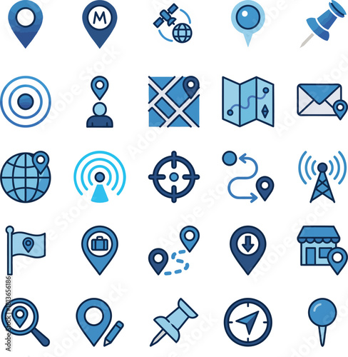 Location & Navigation Icons Set – 25 Blue GPS, Map, Route, Pin and Direction Vector Symbols