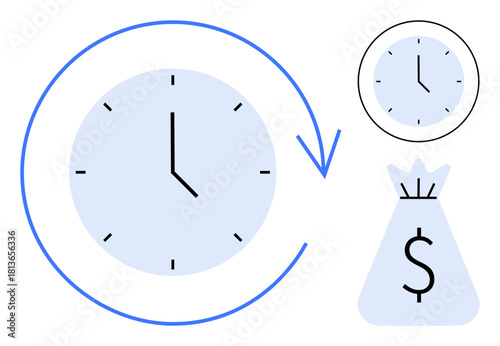 Clock with an arrow communicating time flow and a bag with a dollar sign representing financial savings or monetary value. Ideal for time management, productivity, finance, business planning